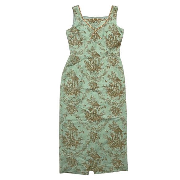 Vintage Jessica Howard Linen Blend Floral Bird‎ Print Midi Dress Aqua Size 6 - Picture 1 of 8
